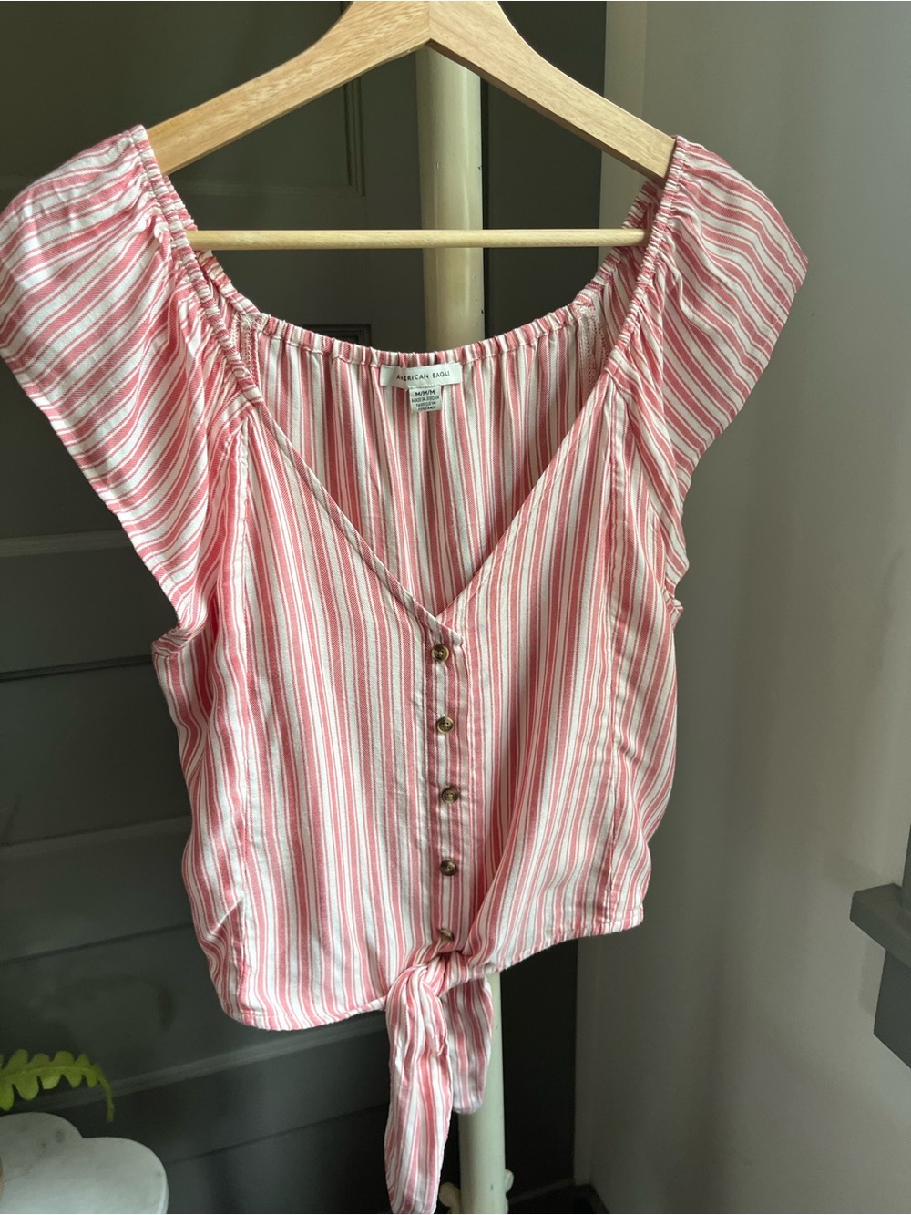 American Eagle Outfitters Red and White Ticking Stripe Tie-Front Top